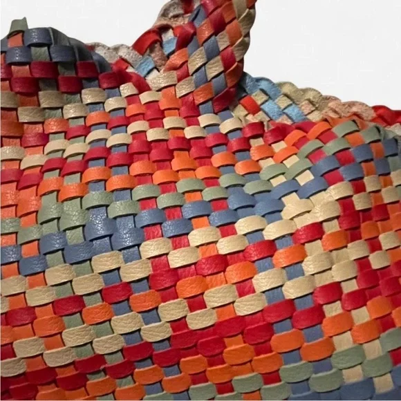 Multicolored Woven Leather Tote Bag, EUC - Picture 2 of 4